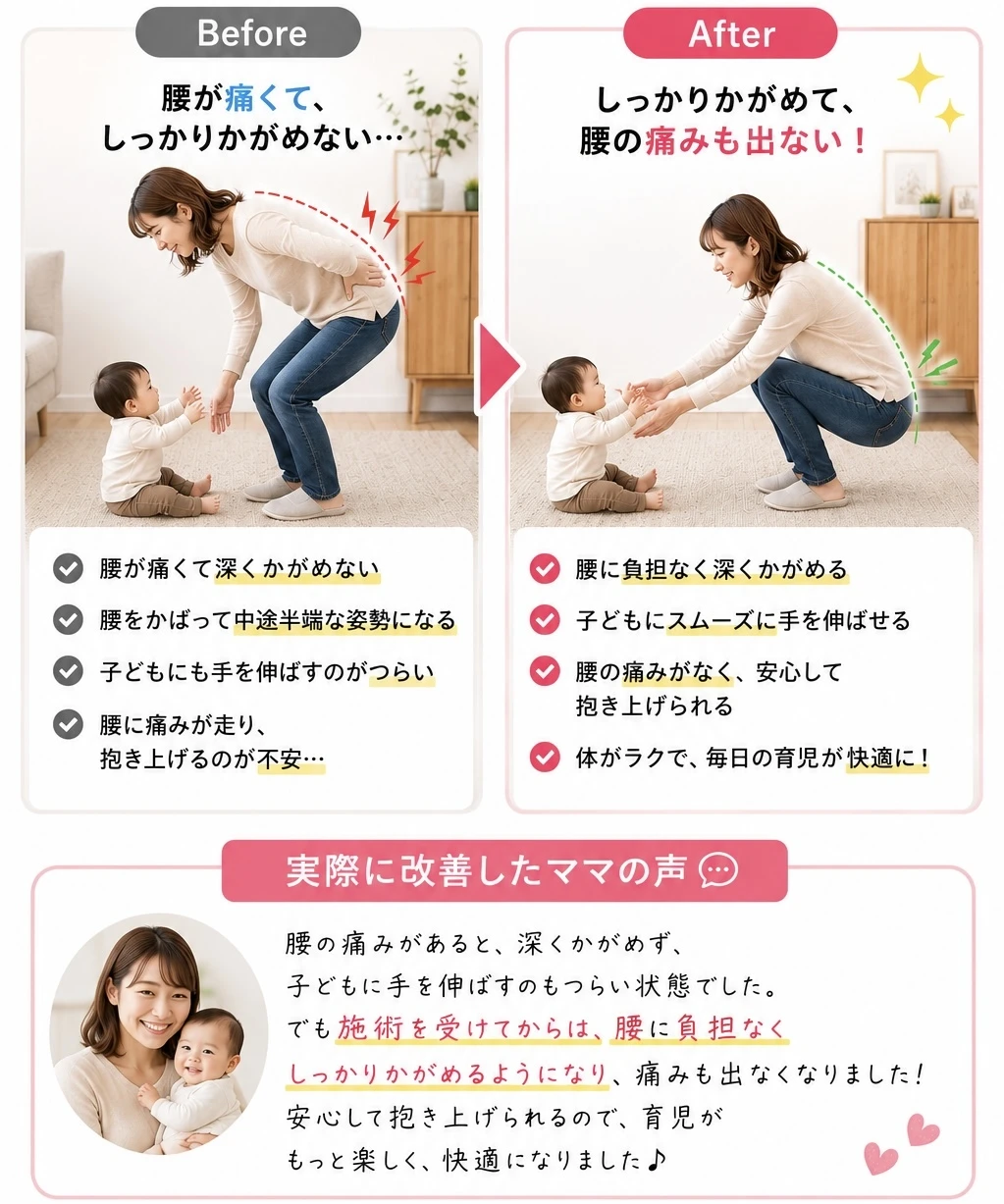 施術効果例　産後かがむことが困難な患者様が施術後に屈んで子守をできるようになった